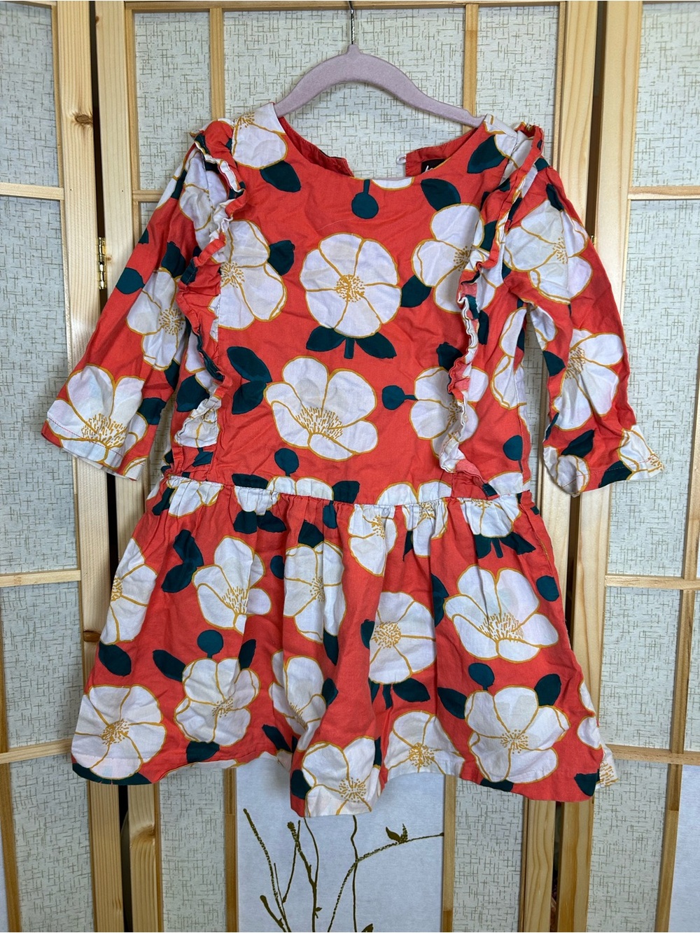 Tea Collection Coral Floral Ruffle Dress with White & Green Accents